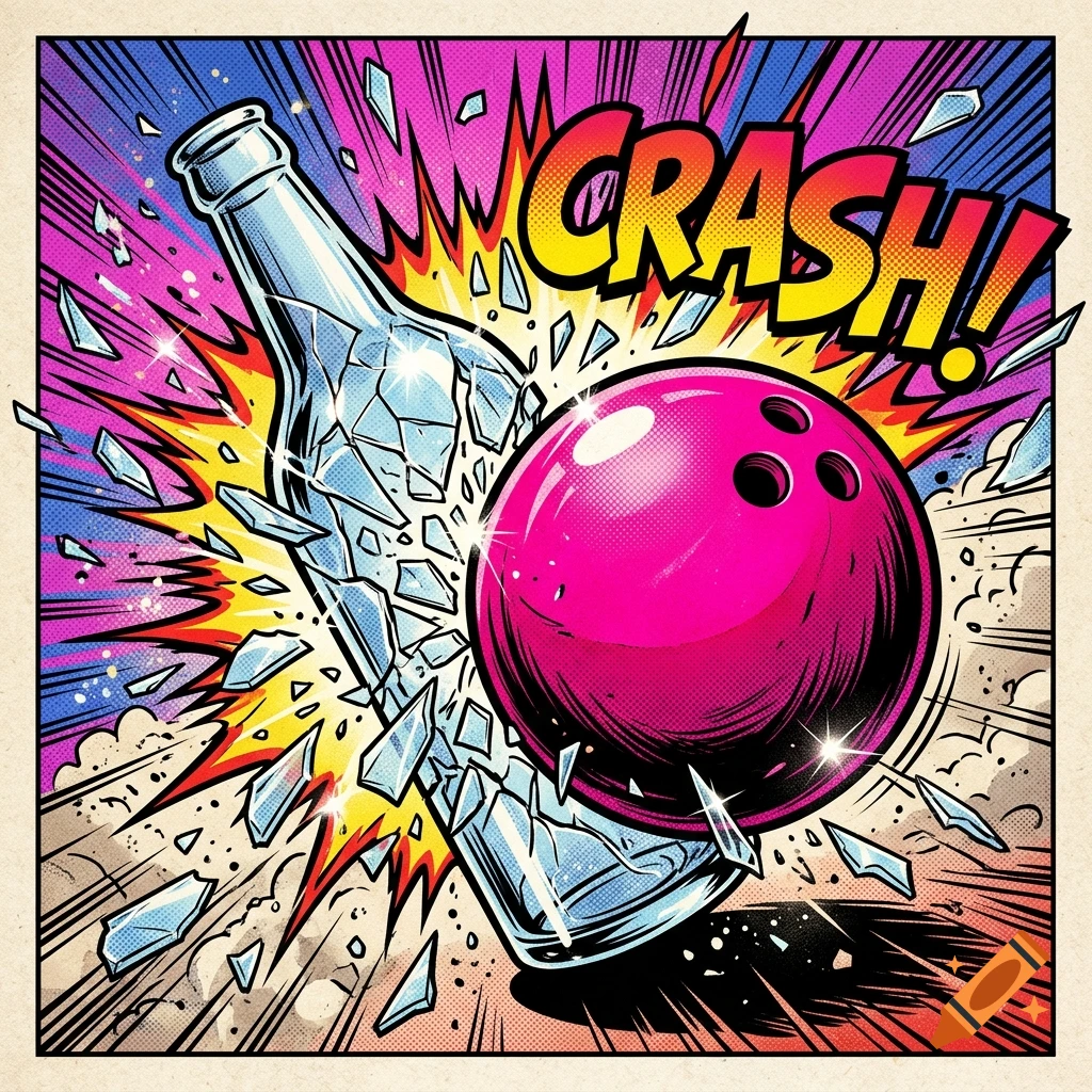 A pop art style illustration of a pink bowling ball smashing into a glass bottle, with the word CRASH appearing above in yellow and red lettering.