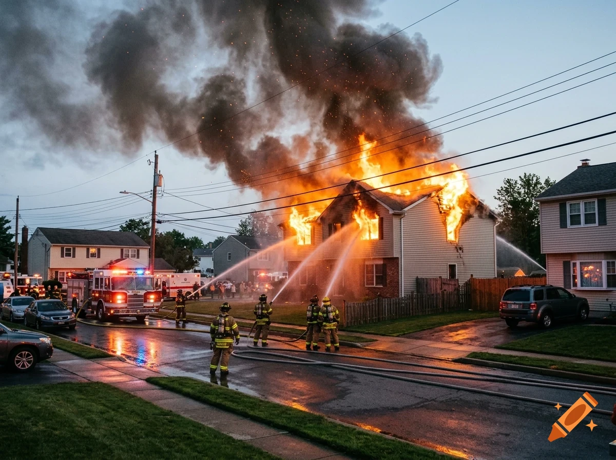 Firefighters battle a blazing fire engulfing a two-story residential home, spraying water from multiple hoses while thick black smoke billows into the sky.