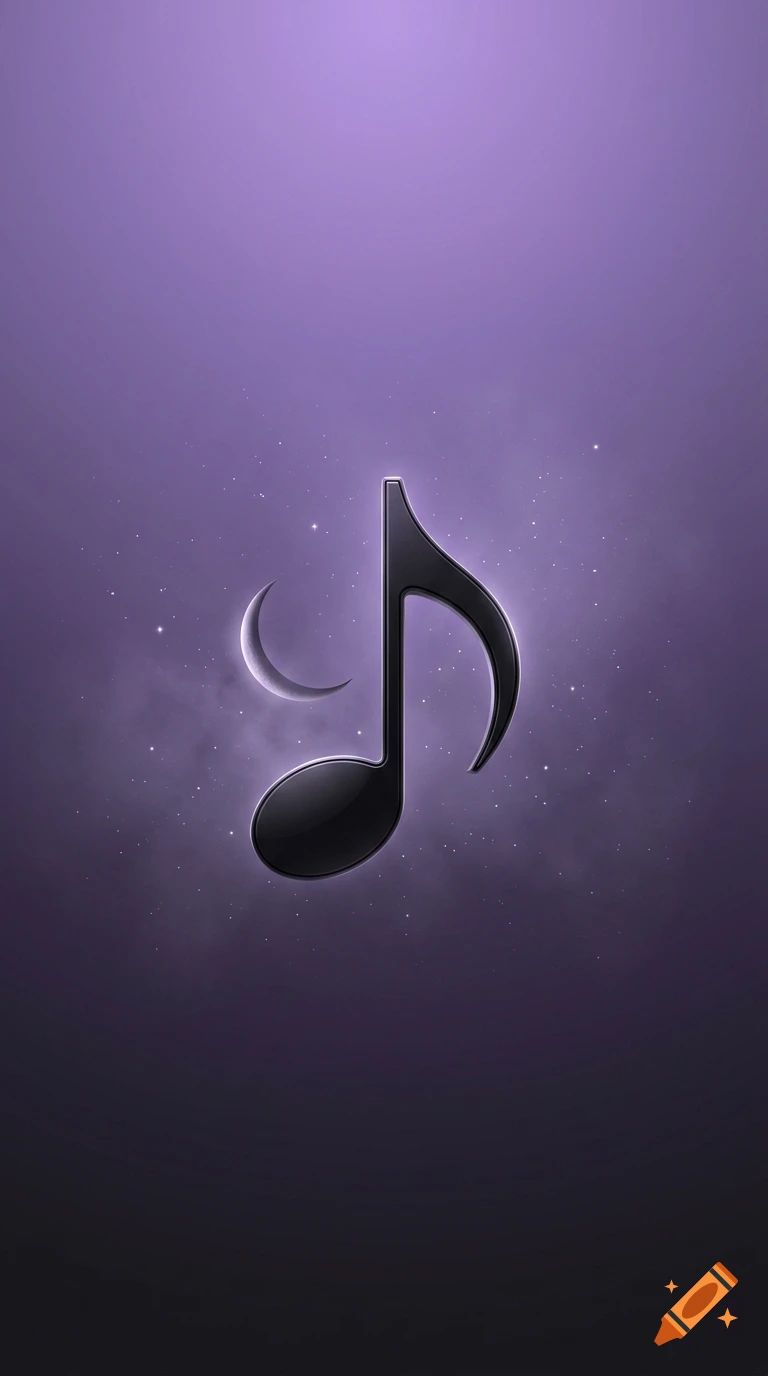 A sleek black music note next to a thin crescent moon on a soft purple gradient background with subtle stars.