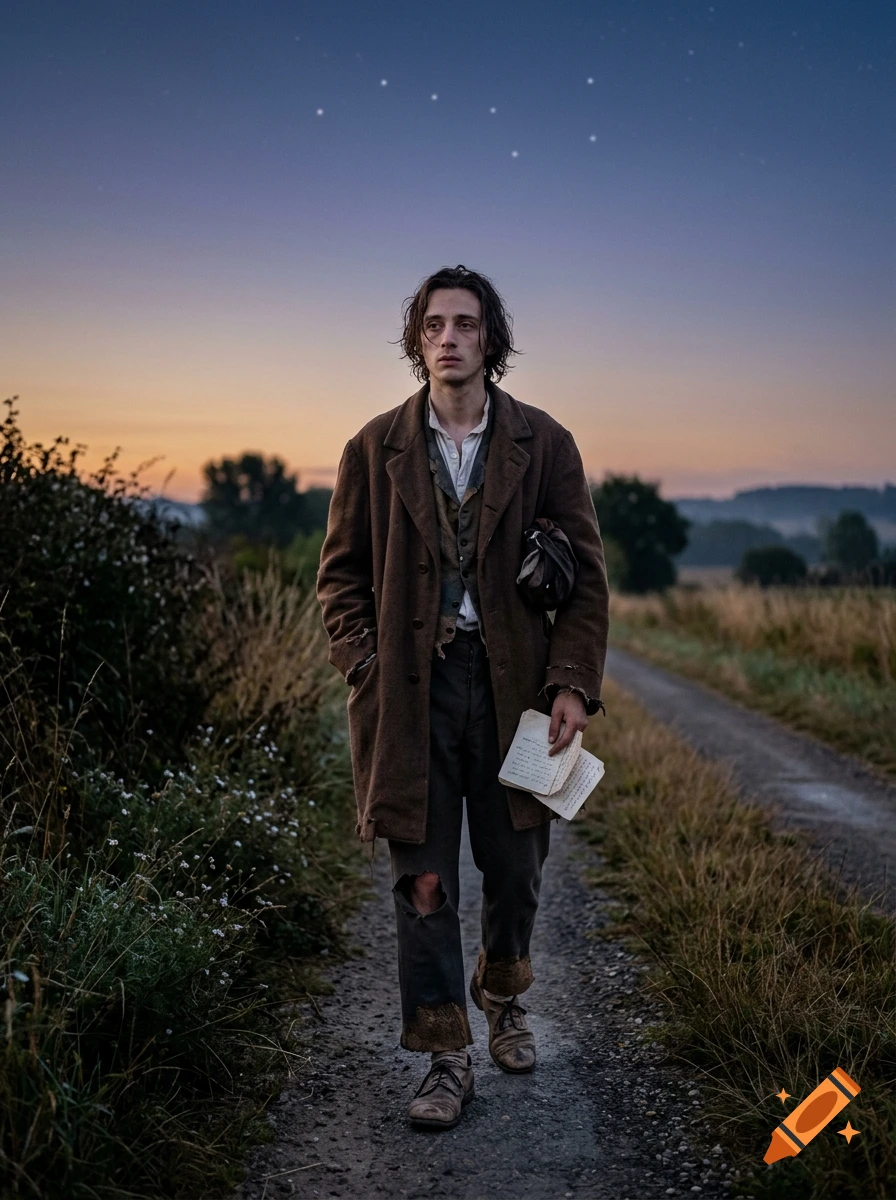 A young man in a worn coat walking on a rural dirt path holding handwritten notes under a twilight sky.