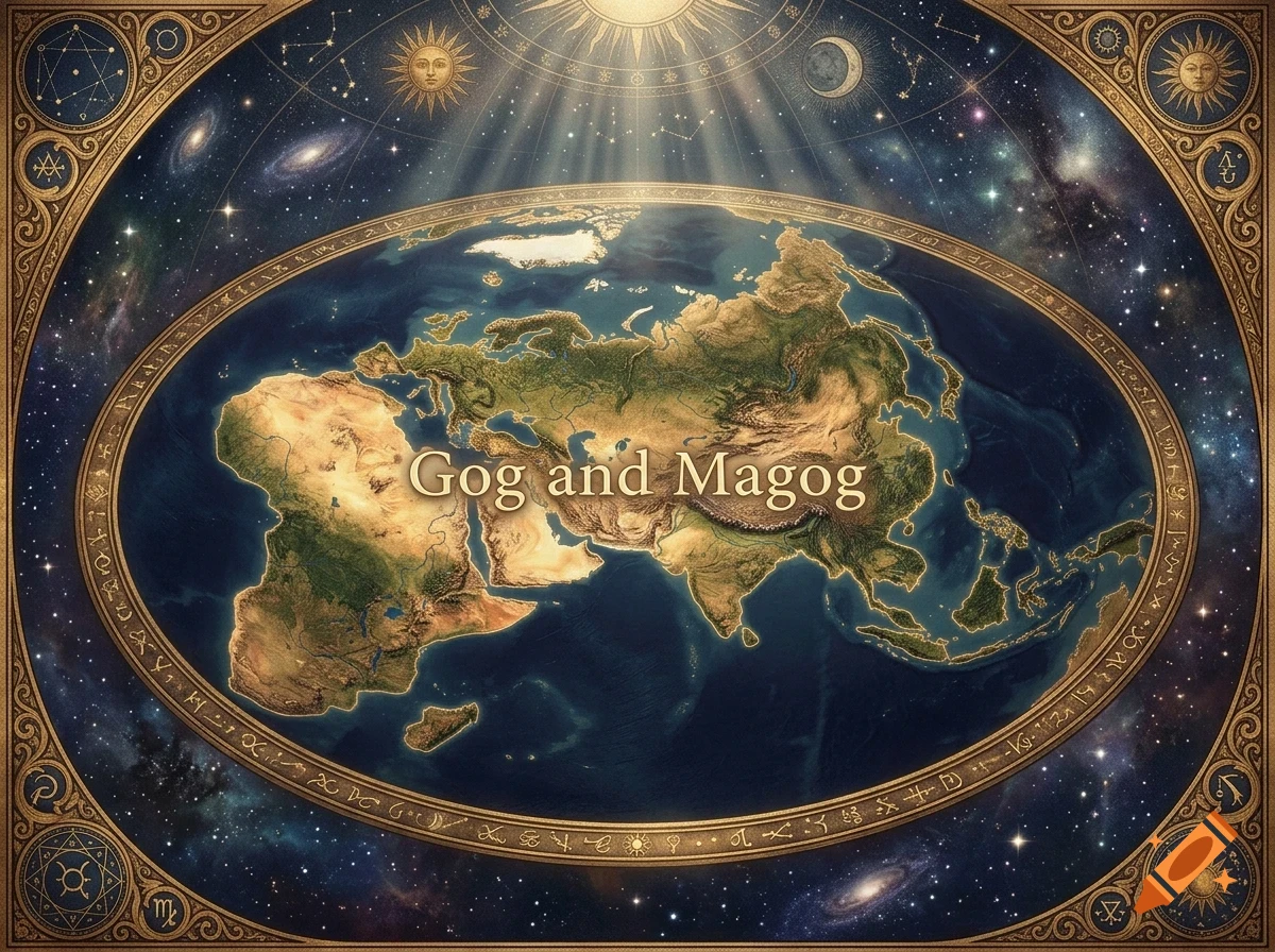 An ornate ancient-style world map depicting continents within an elliptical frame, surrounded by astrological and celestial symbols and the text 'Gog and Magog'.