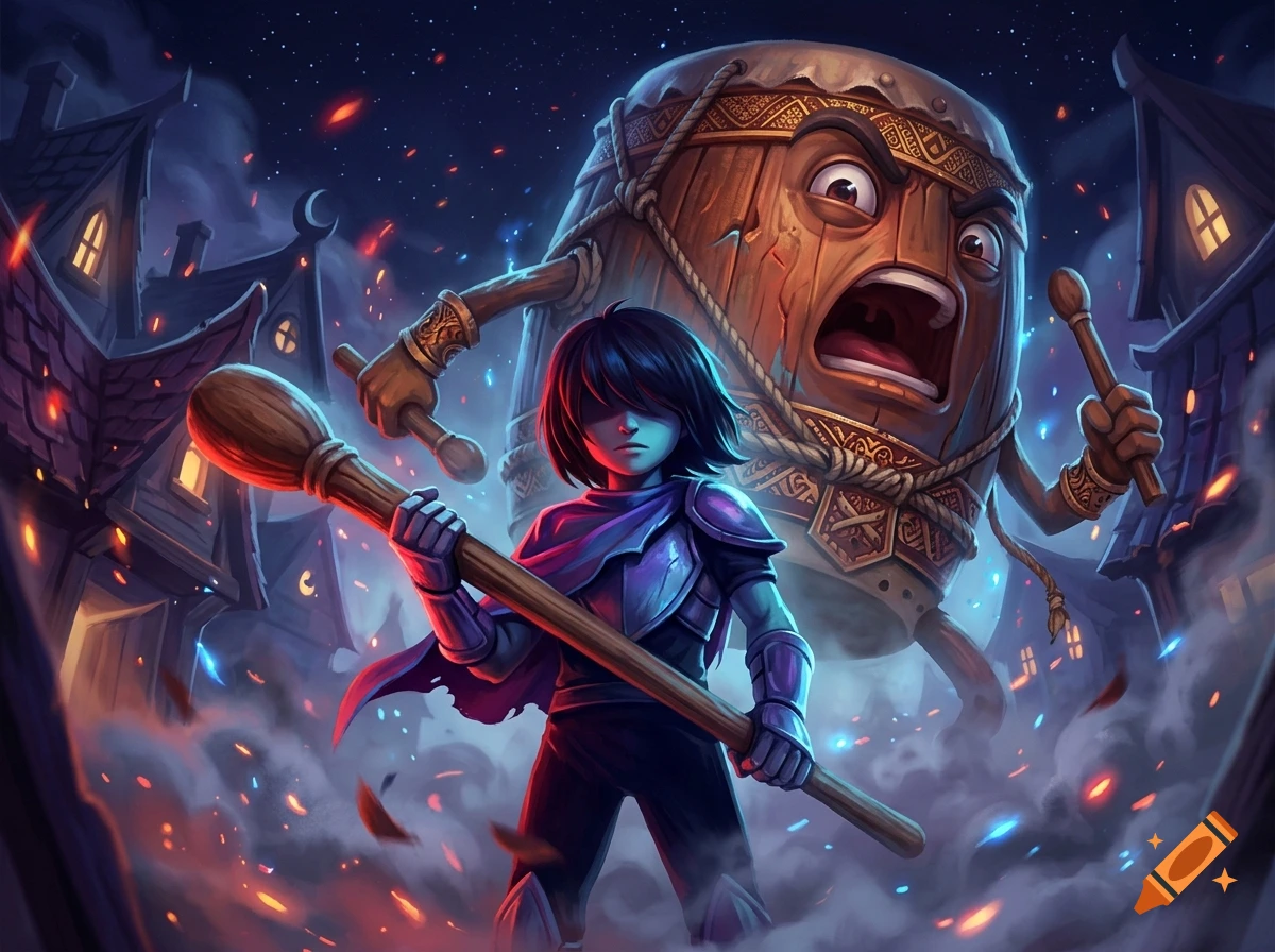 Digital illustration of Kris from Deltarune holding a large wooden club, standing before a giant wooden drum creature in a nighttime village.