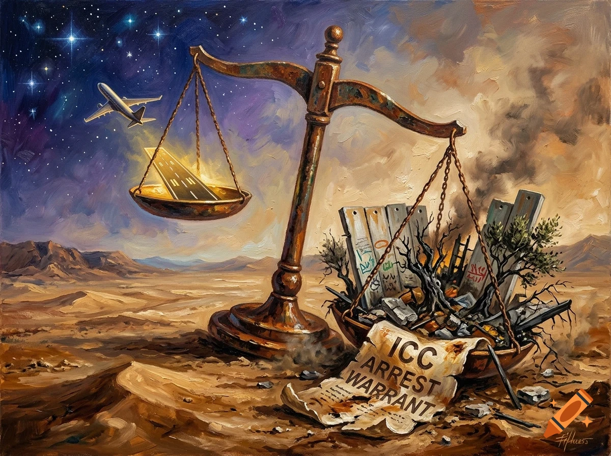 An oil painting of a large scale of justice in a desert landscape. One pan holds a glowing airport runway with an airplane flying overhead under a starry sky, while the other pan holds rubble, a burning tree branch, and a paper that reads 'ICC ARREST WARRANT'.