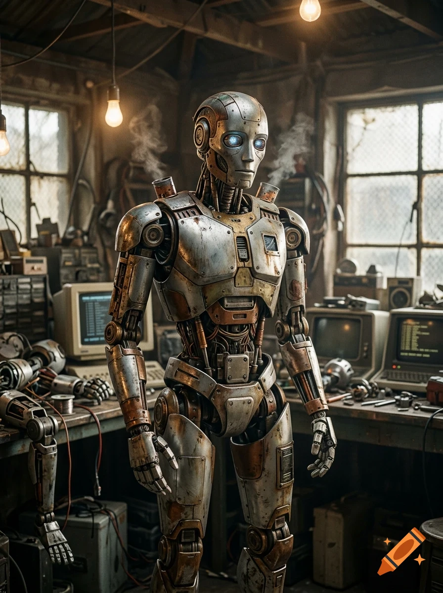 A humanoid metal robot stands inside a cluttered workshop with vintage computers and hanging lightbulbs.