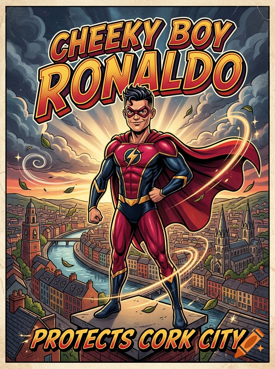 Comic book style poster of a superhero standing on a rooftop overlooking a city with text reading CHEEKY BOY RONALDO PROTECTS CORK CITY.