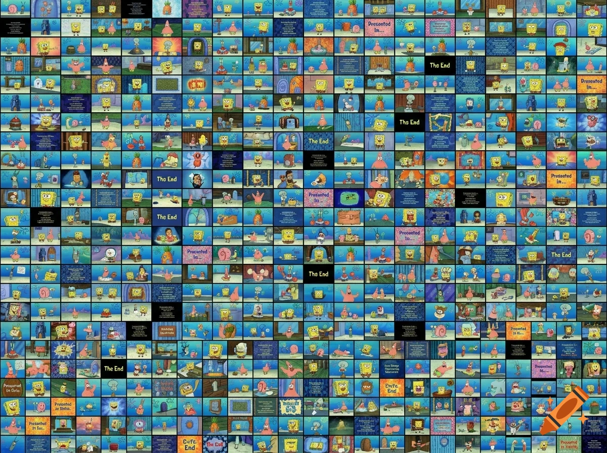 A collage of multiple scenes and characters from the animated series SpongeBob SquarePants.