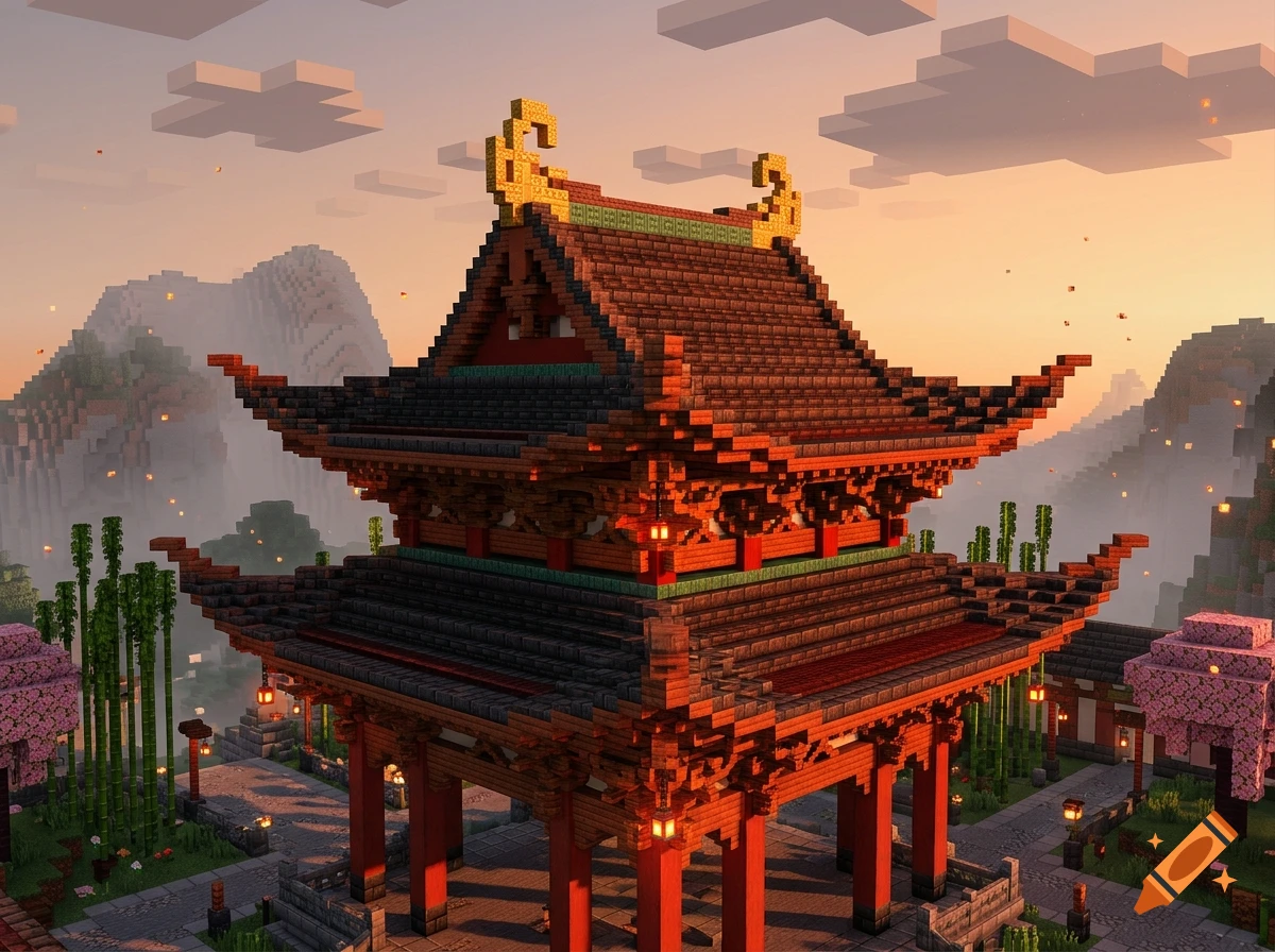 Minecraft-style traditional Chinese temple with tiered roofs, red pillars, and glowing lanterns at sunset with mountains in the background.
