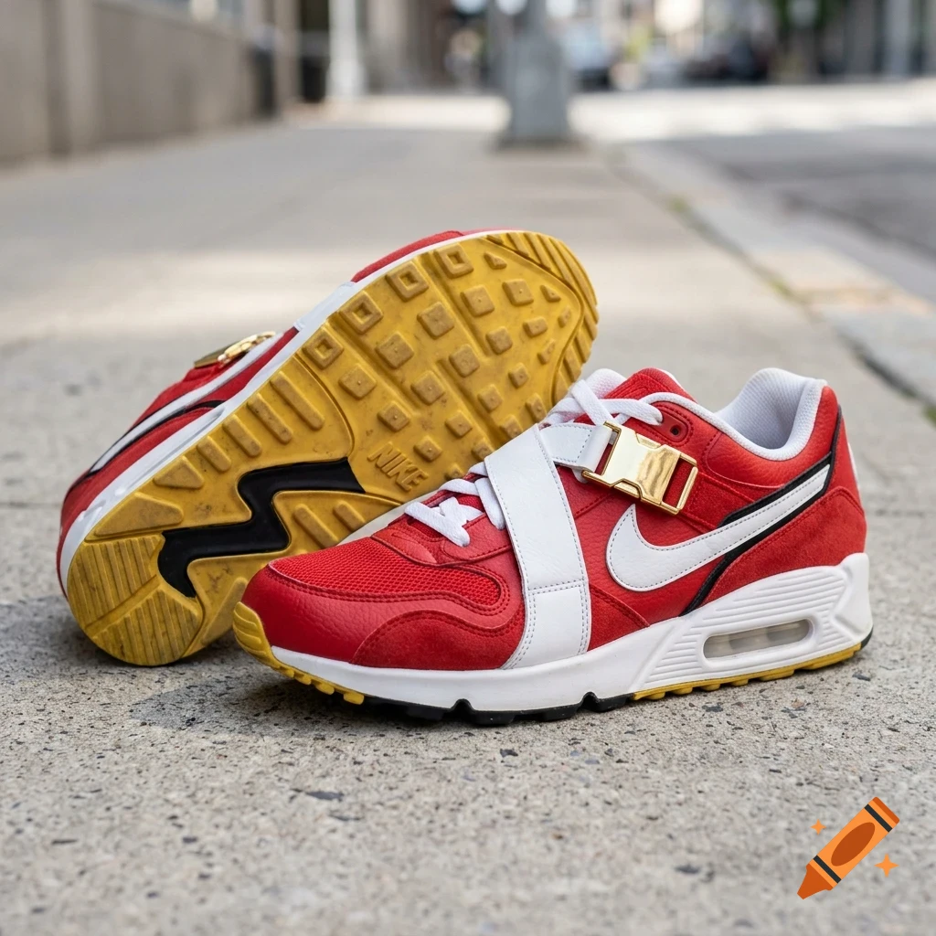 A pair of red, white, and yellow Nike sneakers with a buckled strap placed on a concrete sidewalk.