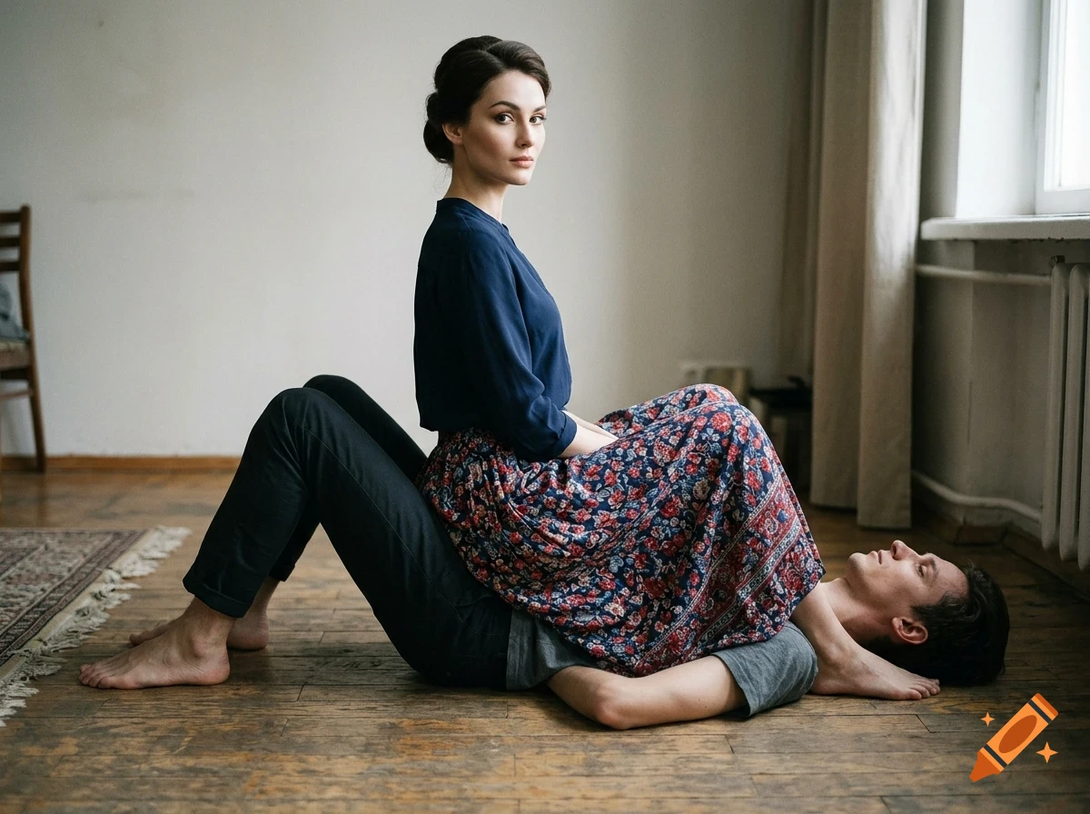 A woman sits upright on the lap of a man lying on a wooden floor.