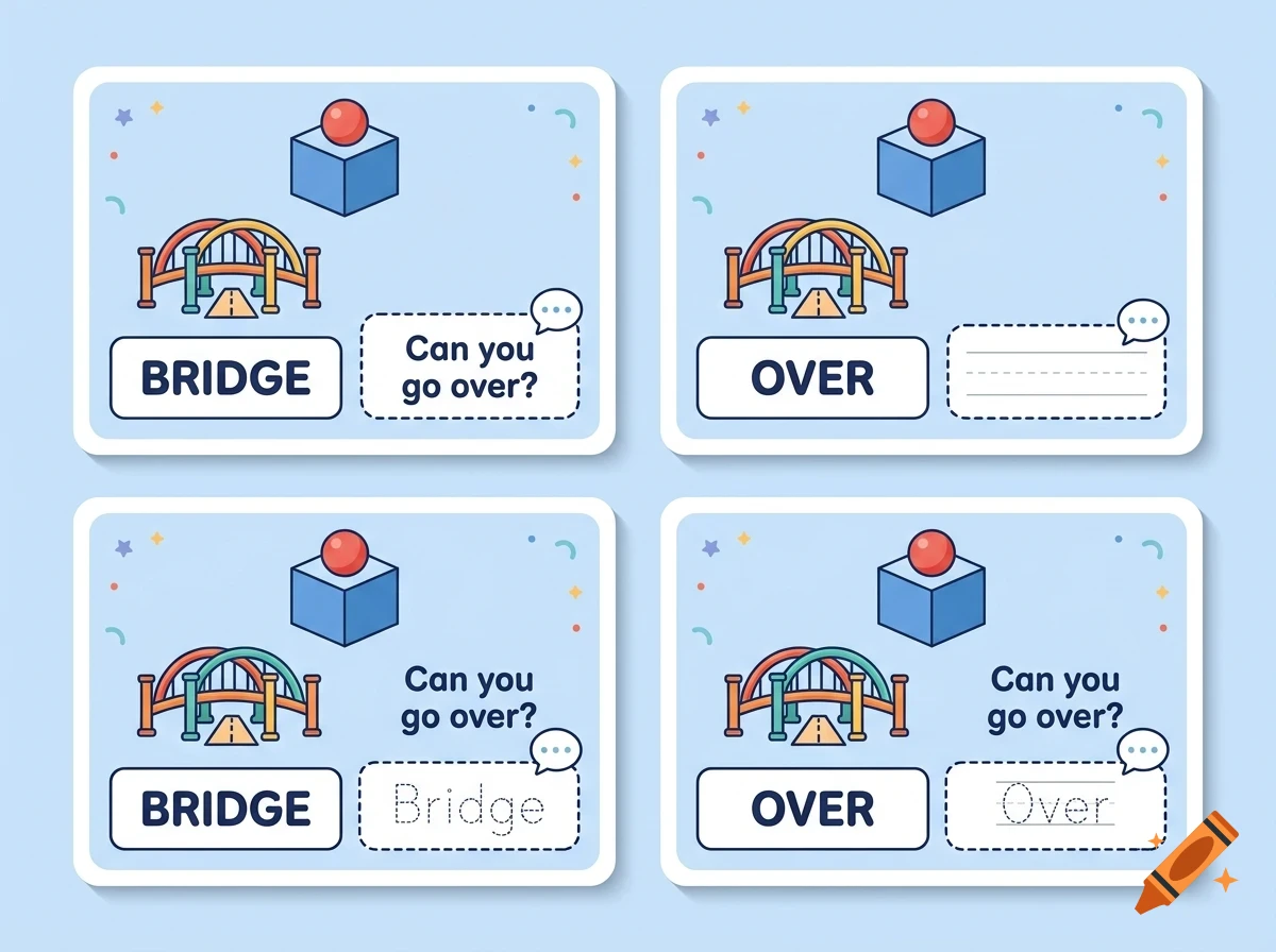 Four educational flashcards featuring illustrations of bridges and text for vocabulary and preposition practice.