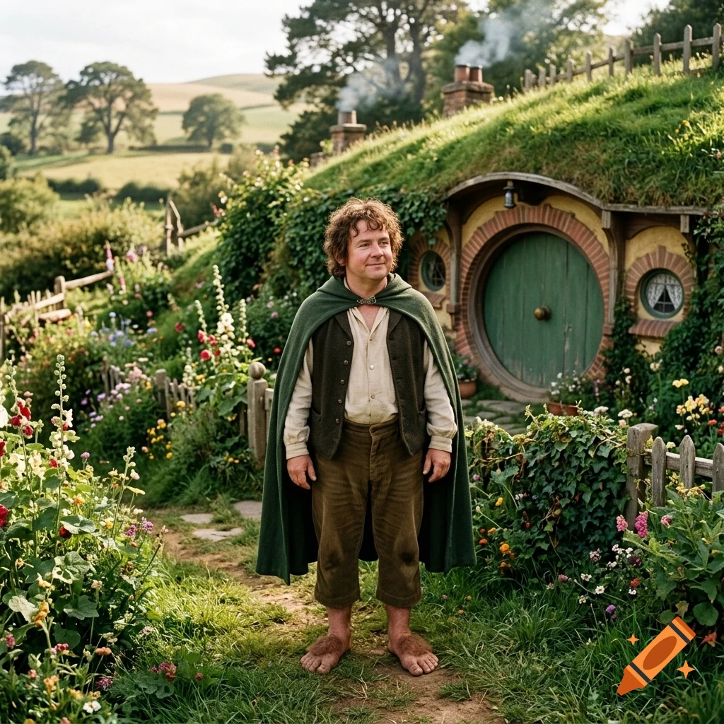 A person wearing a green cloak and vest stands outside a round-doored hobbit-style earth home surrounded by lush gardens and rolling green hills.