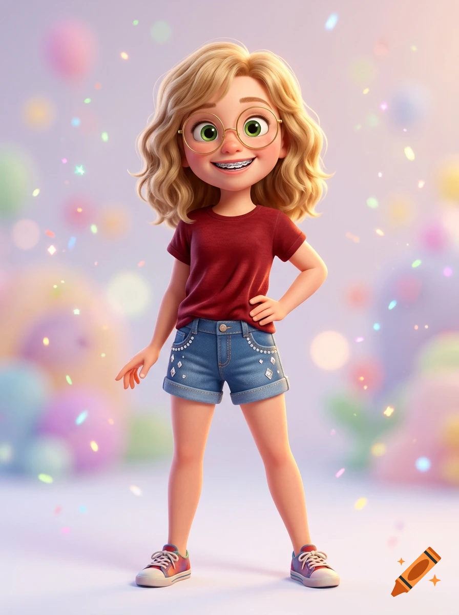 3D cartoon illustration of an 11-year-old blonde girl with glasses, braces, a red t-shirt, and denim shorts against a colorful bokeh background.