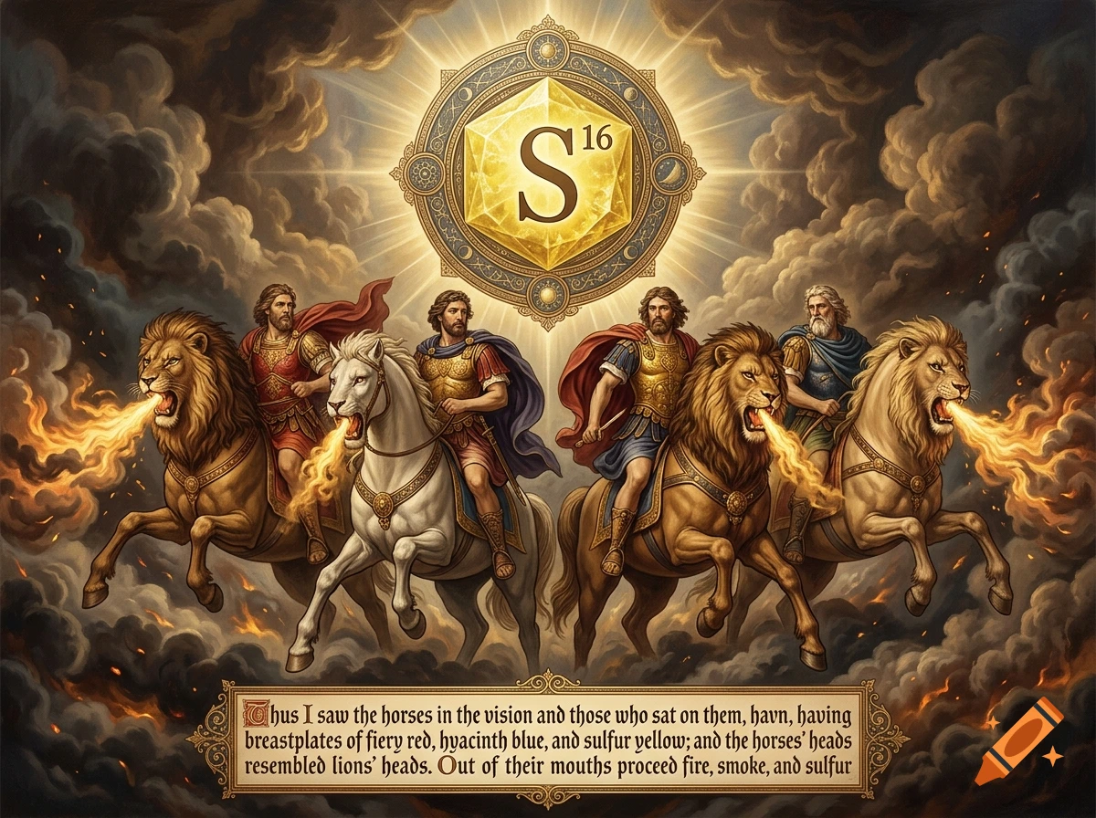 An illustration in Nazarene art style depicting four horsemen with lion-headed horses breathing fire, beneath a glowing sulfur symbol.