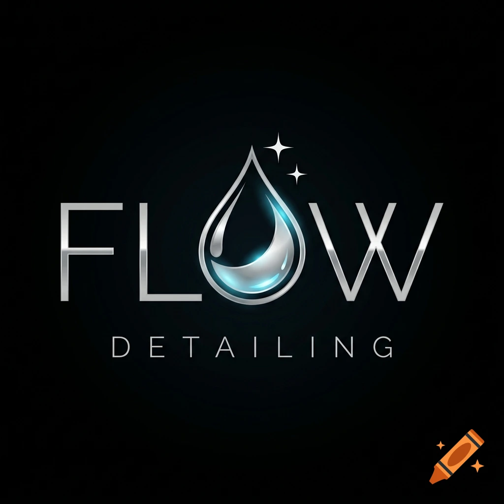 Minimalist silver chrome logo with a water droplet replacing the letter O, spelling FLOW DETAILING on a black background.
