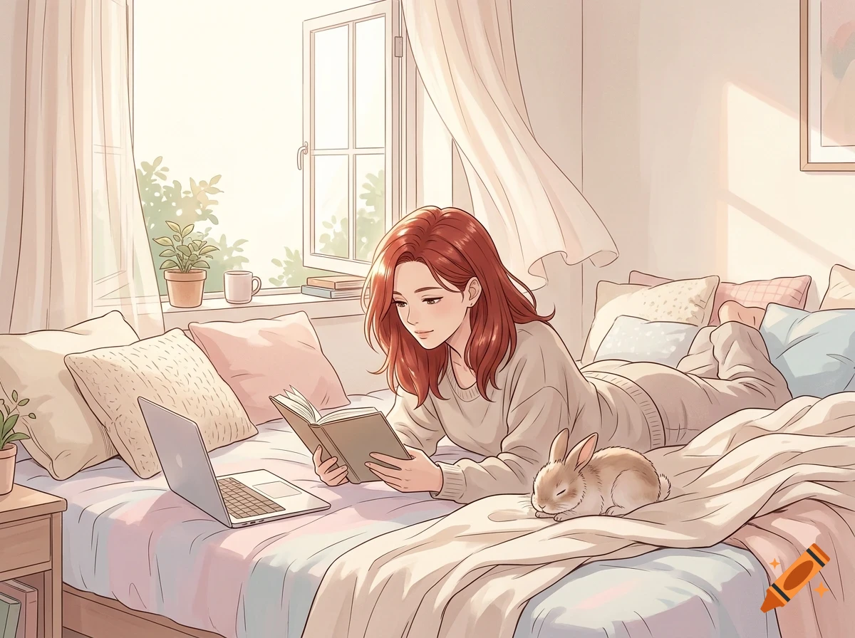 A red-haired woman lies on her stomach on a bed, reading a book with a sleeping rabbit nearby and a laptop on the sheets, in a sunlit bedroom.