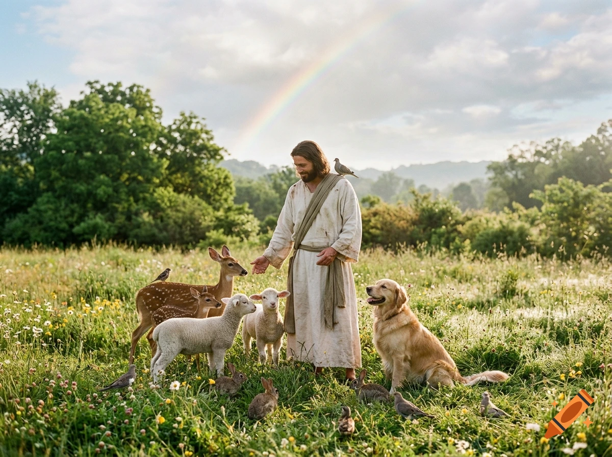 Photorealistic depiction of Jesus standing in a vibrant grassy field surrounded by various animals including deer, lambs, rabbits, and birds under a rainbow.