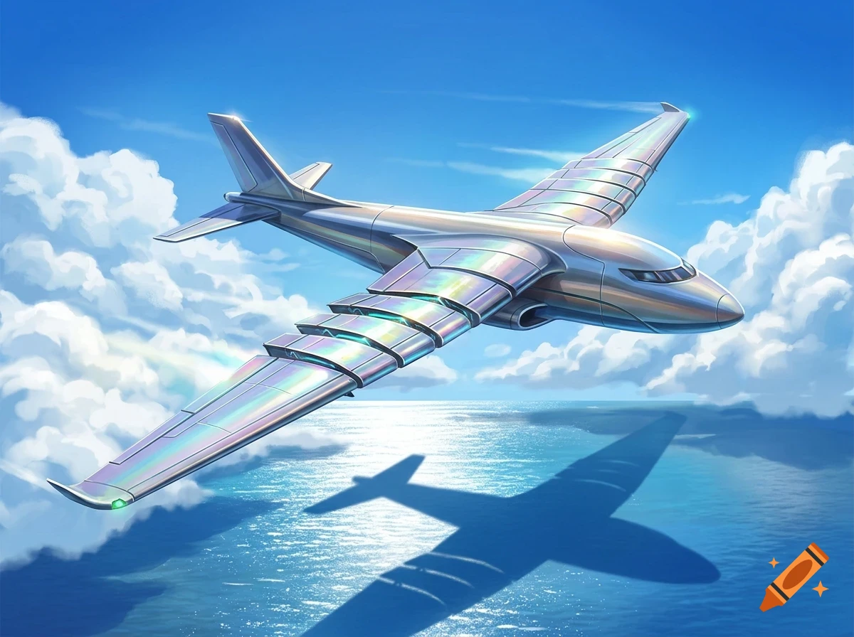 A sleek silver aircraft with segment-designed wings flying high above scattered clouds and a blue ocean under a clear sky.