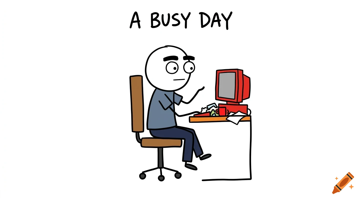 A cartoon illustration of a wide-eyed person sitting at a desk working on a computer, with the text A BUSY DAY above.