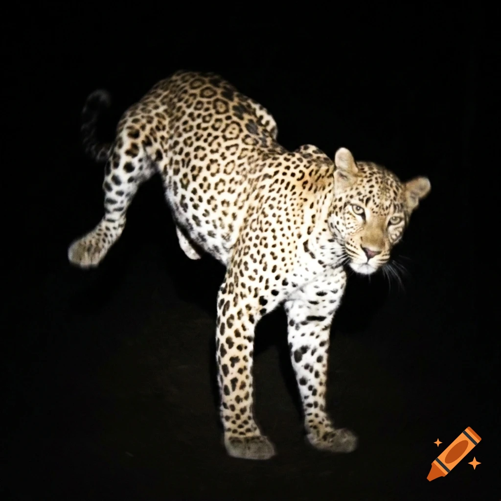 Distorted leopard with weird anatomy standing awkwardly on its front legs at night against a pitch black background, eerie creepypasta style.