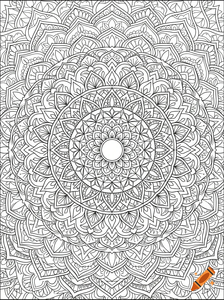 An intricate black and white mandala line drawing with complex floral and geometric patterns.