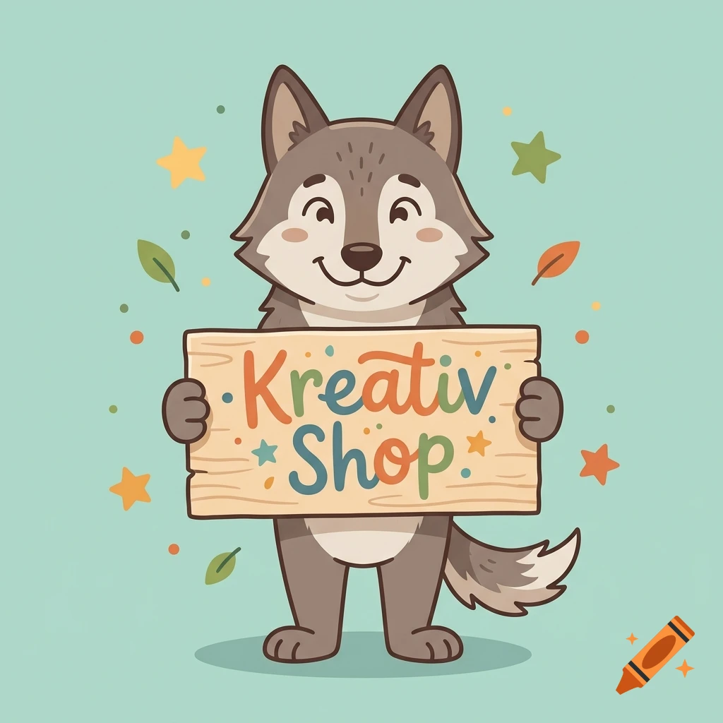 Cute cartoon wolf holding a wooden sign that says Kreativ Shop, surrounded by stars and leaves on a light blue background.