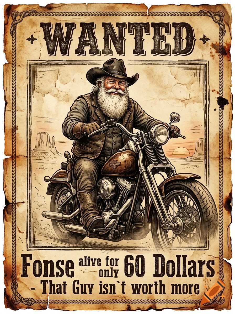 A vintage wanted poster depicting a bearded man in a cowboy hat riding a motorcycle through a desert landscape, with bold lettering at the top and bottom.