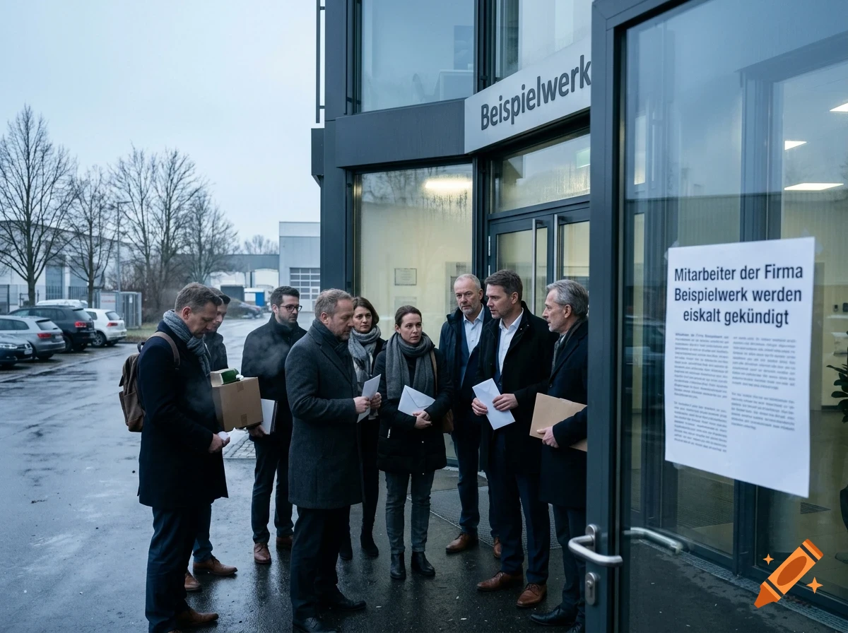 A group of people standing outside a modern office building entrance holding papers and boxes, with a sign posted on the glass door.