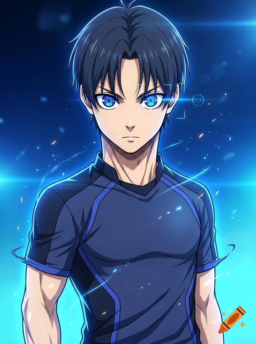 An anime-style portrait of a young male character with dark hair and intense glowing blue eyes, wearing a dark athletic shirt against a glowing blue background.