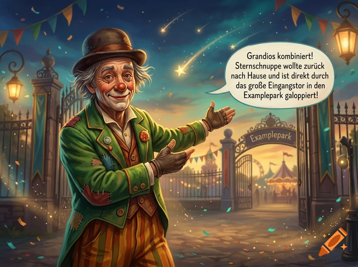 An elderly clown in a green coat stands in front of an amusement park entrance at night, speaking a German speech bubble under a starry sky.