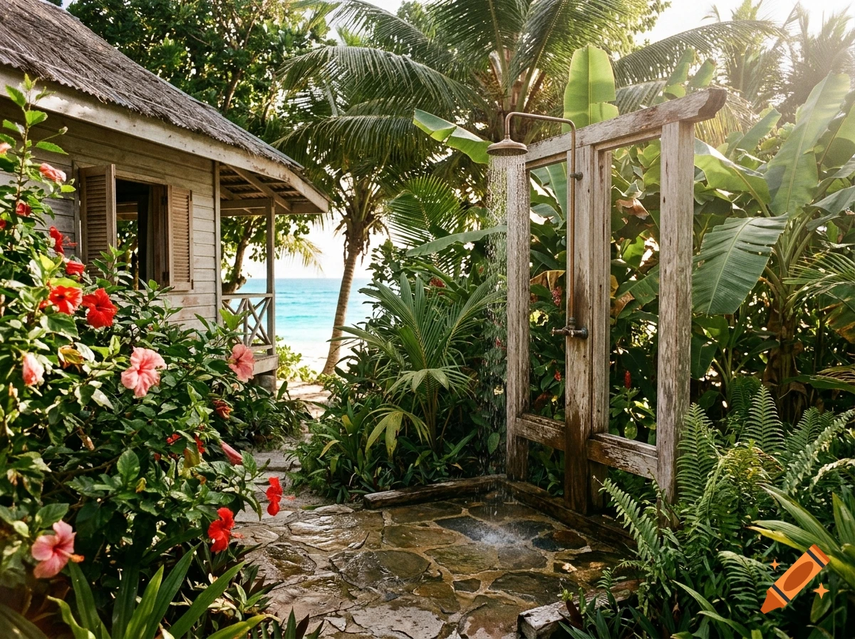 An outdoor wooden shower with running water next to a tropical beach bungalow surrounded by lush palm trees and red flowers.