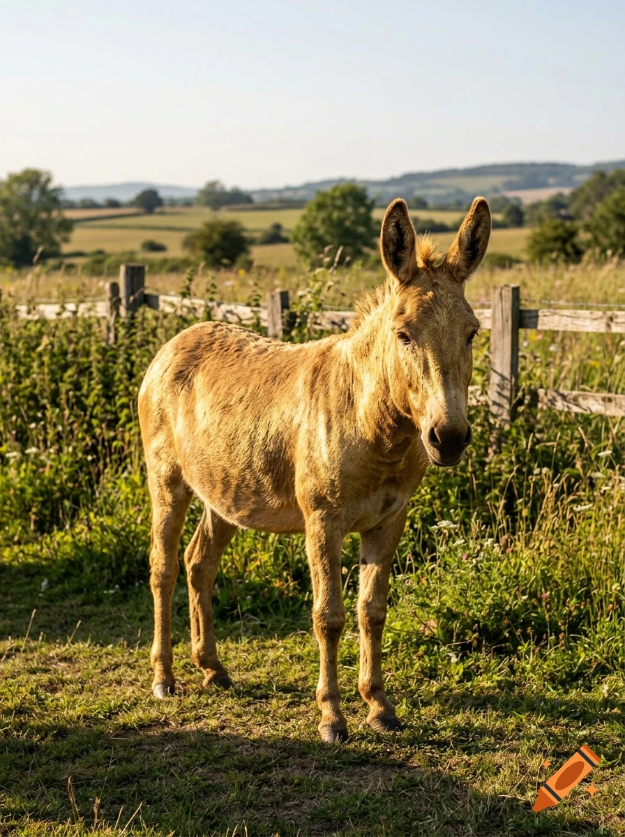 A light brown donkey stands in a grassy field in front of a wooden fence, with rolling hills and trees in the background under clear daylight.