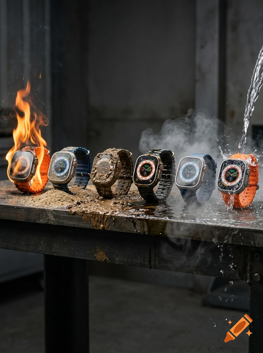 Row of smartwatches undergoing stress tests with fire, water, mud, and dust on a metal table.
