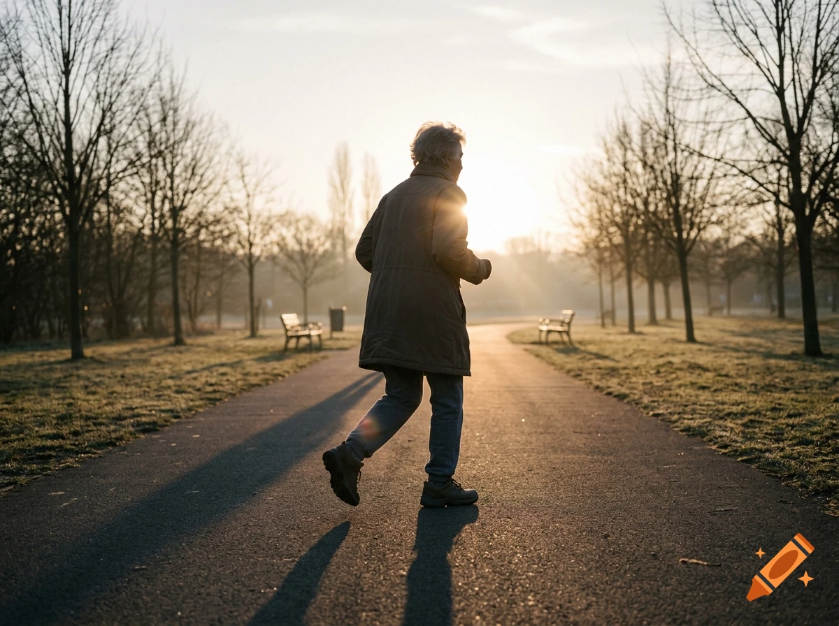 An elderly person in a coat running along a paved path in a park during sunrise with bare trees around.