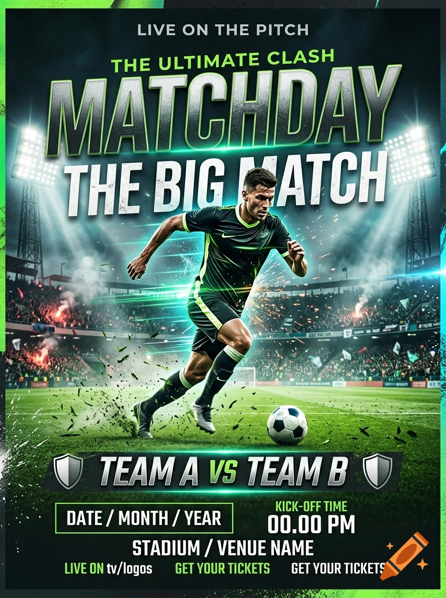 A sports event poster featuring a soccer player running with a ball on a lit pitch with stadium crowds, bold text reading MATCHDAY THE BIG MATCH, and placeholders for team names and match details.