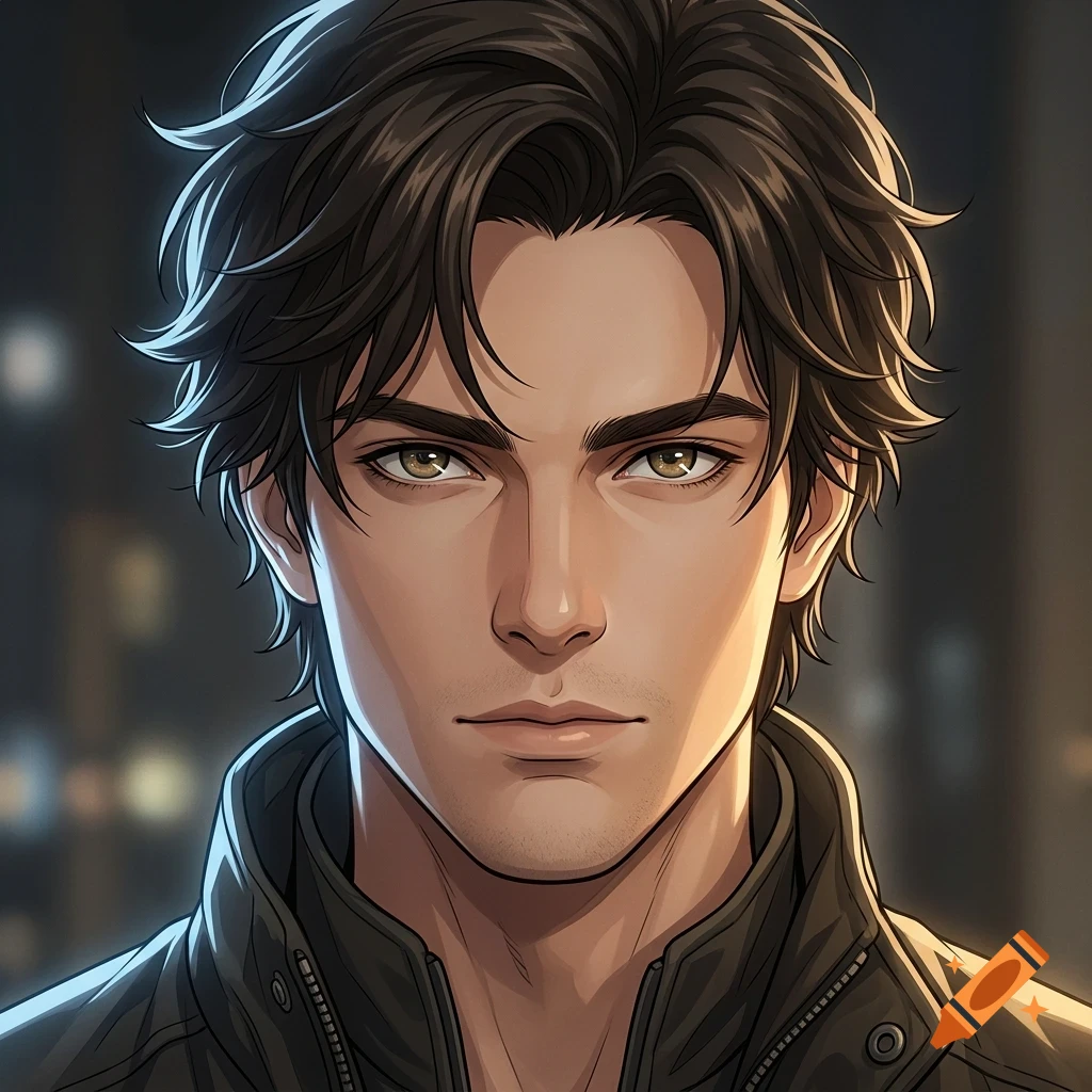 Portrait of a young man with dark messy hair and light brown eyes wearing a dark jacket.