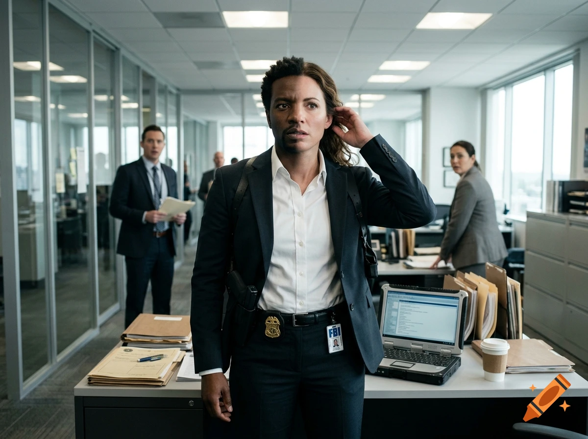 Photorealistic image of an FBI special agent standing in an office, with a face that is half African-American male and half Caucasian female.