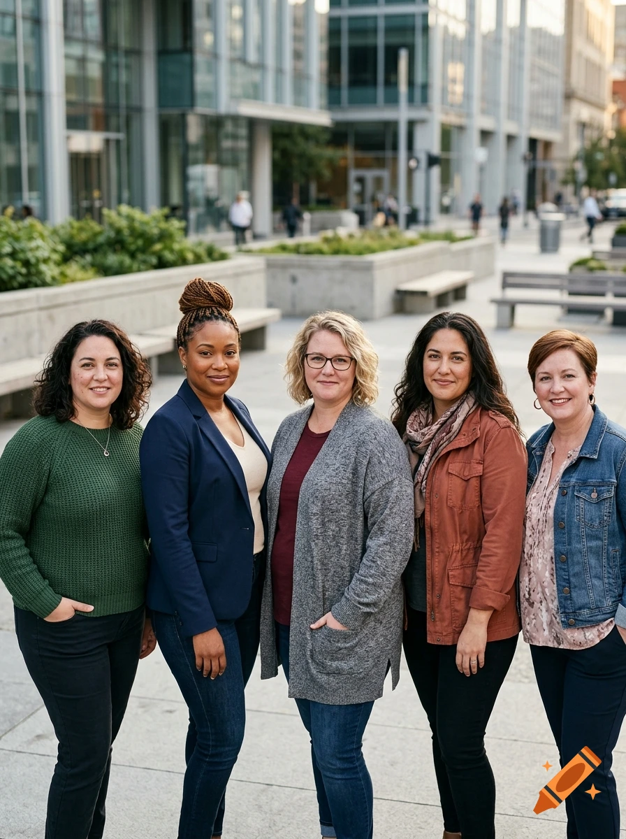 Photorealistic image of five smiling women standing outdoors on a city sidewalk in front of modern buildings.