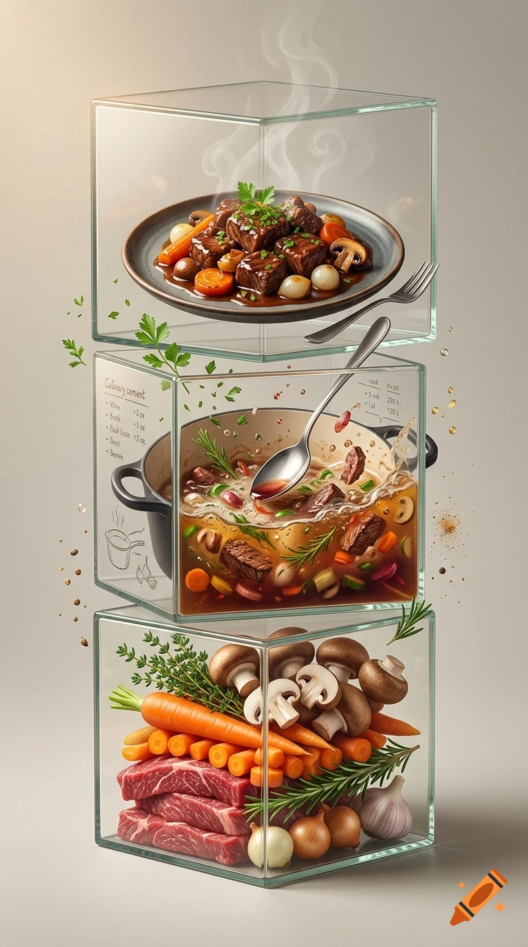 An artistic illustration featuring three stacked glass cubes displaying the preparation steps of beef stew, from raw ingredients at the bottom to the finished cooked dish on top.