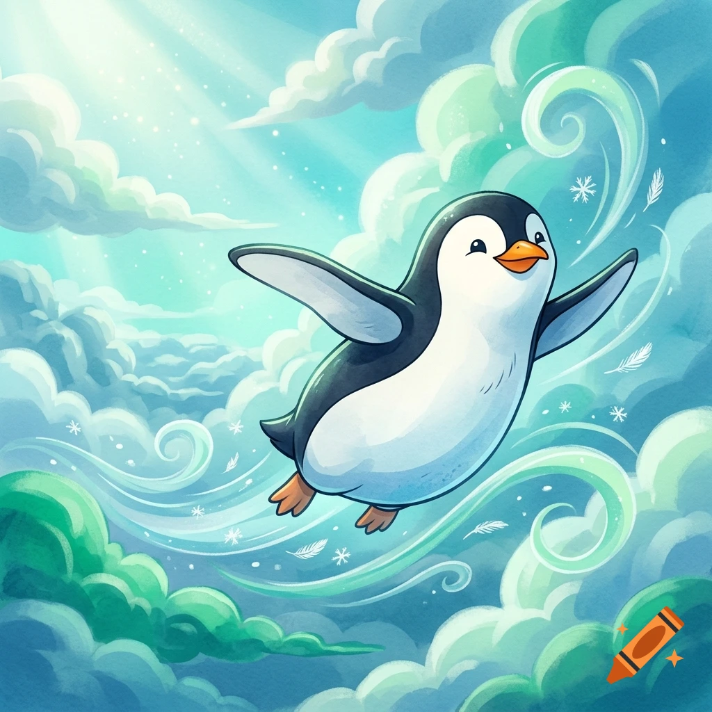 Digital illustration of a cheerful penguin flying through blue and green cloudy skies with snowflakes and wind swirls.