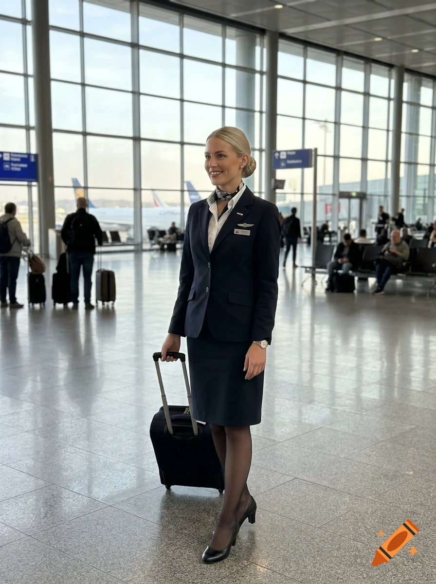A smiling flight attendant in uniform pulls a wheeled suitcase inside a modern airport terminal with large windows.