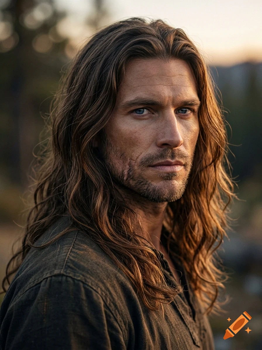Portrait of a man with long brown hair and blue eyes, outdoors in natural light.