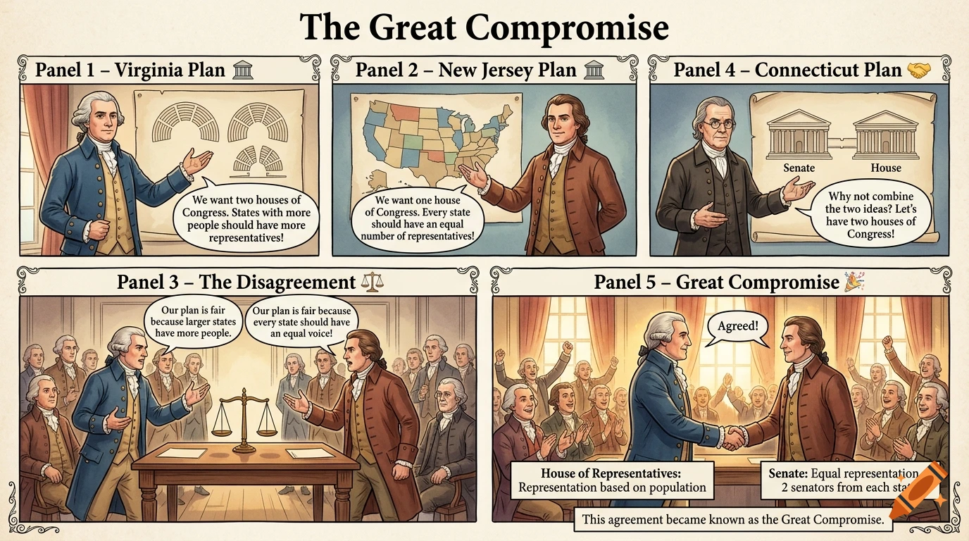 A five-panel comic strip illustrating the historical event of the Great Compromise, featuring characters representing Virginia and New Jersey.