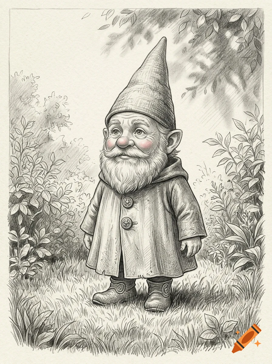 Detailed pencil illustration of a garden gnome standing in a grassy area surrounded by bushes and trees.