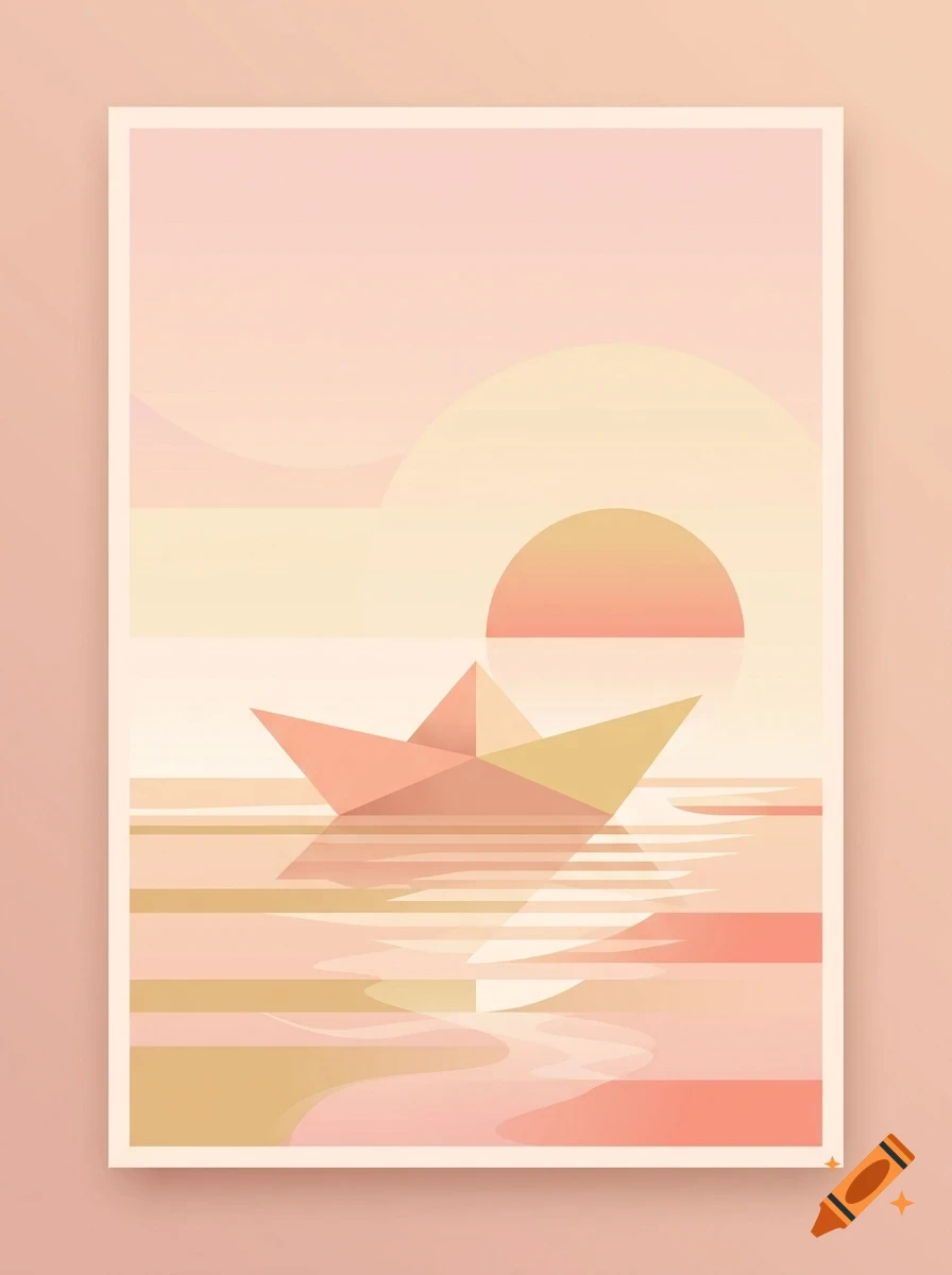 Minimalist digital illustration of an origami paper boat floating on calm water at sunset in warm peach and beige tones.