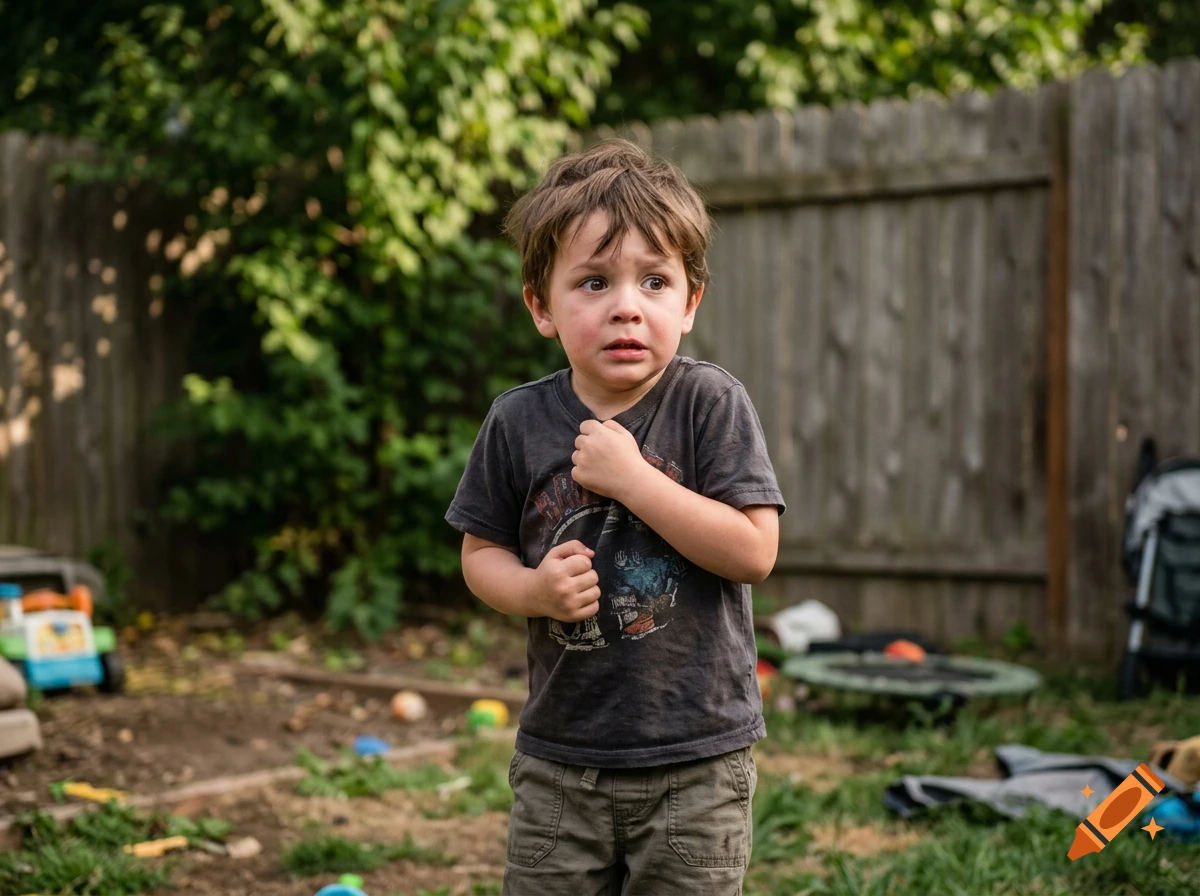 Photorealistic image of a frightened young boy standing in a backyard with a wooden fence.
