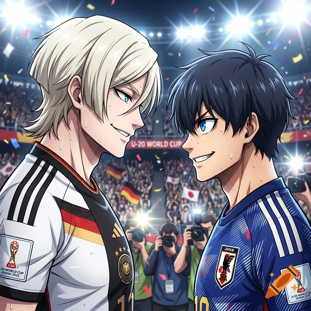 An anime-style illustration of two soccer players facing each other in a stadium, one in a German jersey and the other in a Japanese jersey.