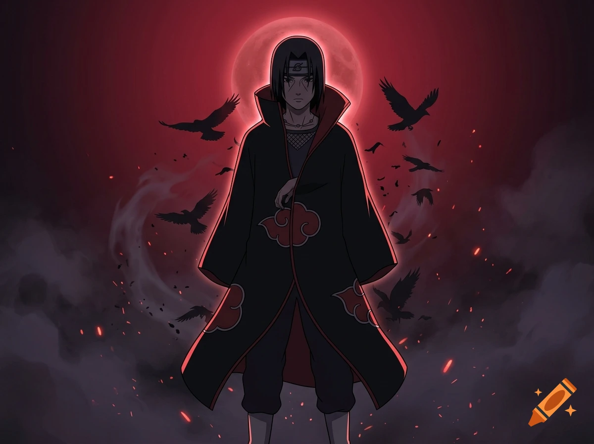 Anime illustration of a character in a black coat with red clouds, standing in front of a red moon with flying crows.