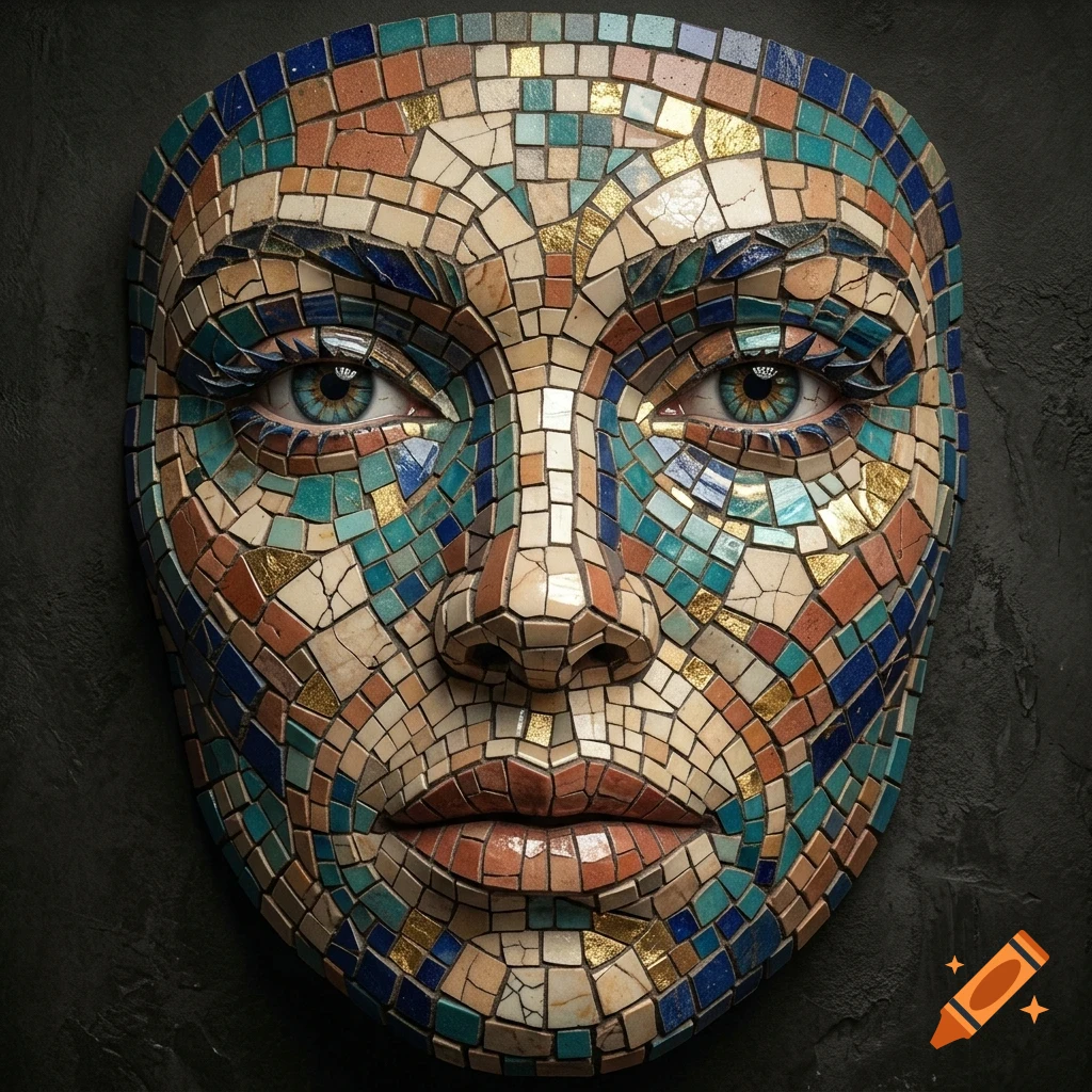 A detailed mosaic mask resembling a human face, crafted from colorful ceramic tiles in shades of blue, beige, brown, and turquoise with gold accents.