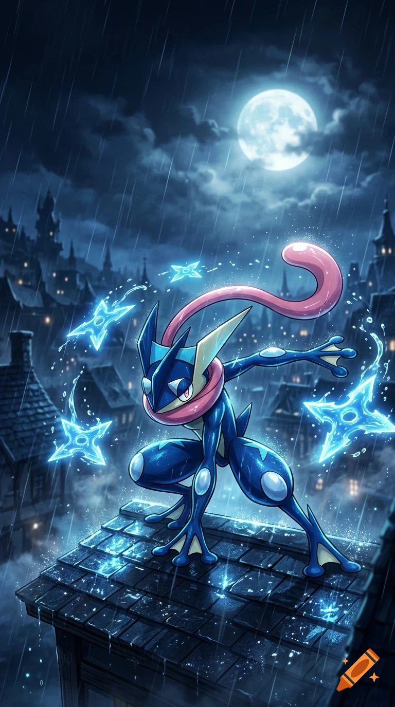A blue frog-like ninja creature crouches on a rooftop at night during a rainstorm, surrounded by glowing water shurikens with a full moon in the sky.