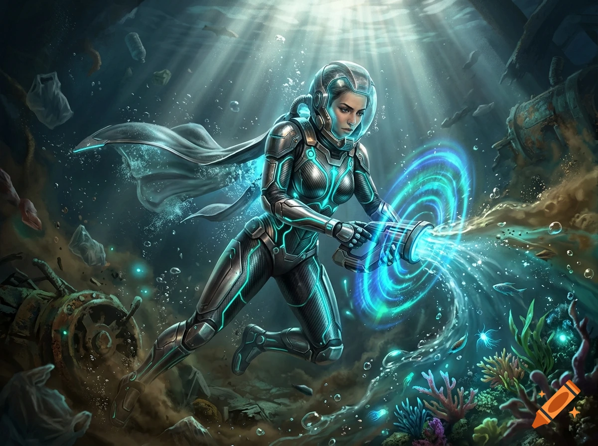 Digital painting of a female superhero in futuristic armor underwater, cleaning polluted water with a glowing energy device.